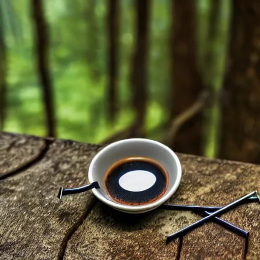 Image similar to a single metal paperclip with googly eyes, next to a steamy cup of coffee, in the woods, photography, depth of field, very symmetric, rule of thirds, 4 k resolution