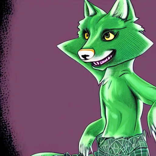 Prompt: Beautiful digital painting of an anthro anthropomorphic pastel-green wolf, Punk outfit.comic book, inked, cute, cozy