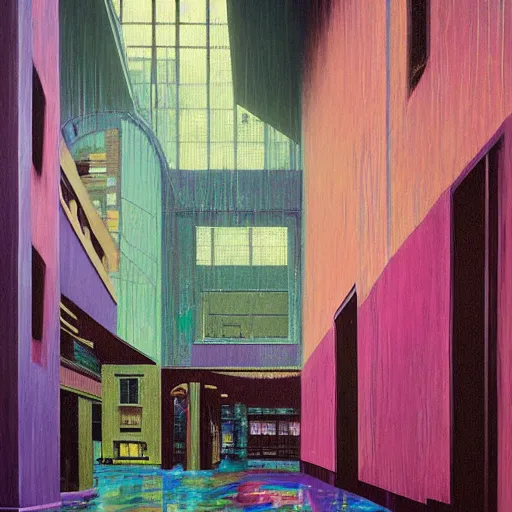 Image similar to 9 0 s interior with organic arched windows, rain like a dream, oil painting, volumetric lighting, cyberpunk, basquiat + francis bacon + gustav klimt + beeple, elevated street art, fantasy lut, textural, pink, blue, purple, green,