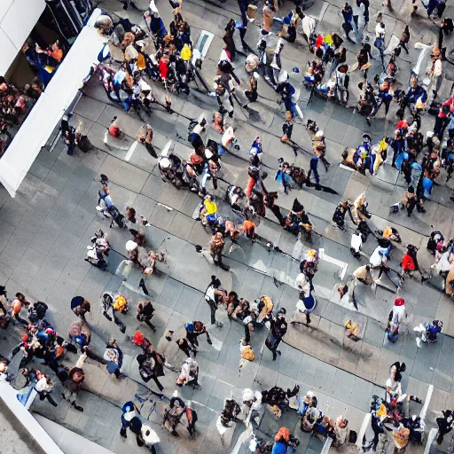 Image similar to aerial view of people walking through pedestrian, directly above