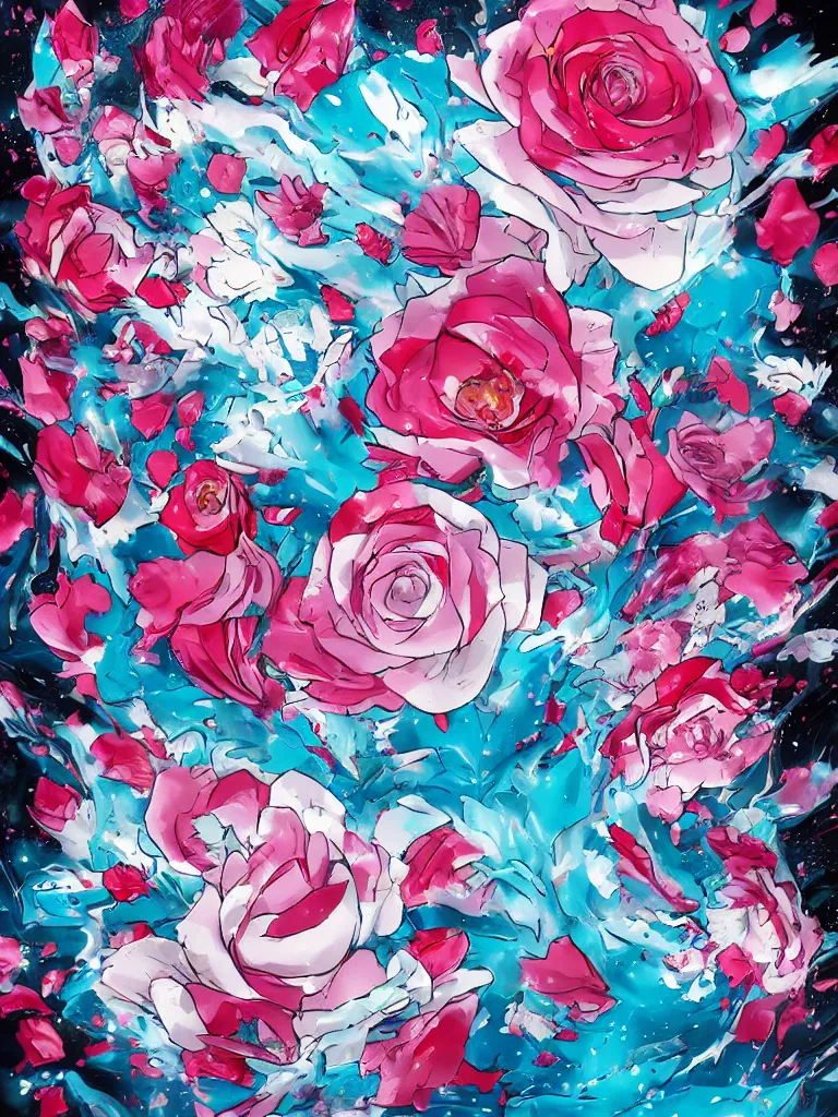 Prompt: hadouken of white and pink roses, flowers exploding and splattering, blue sky, big puffy clouds, spraypaint, wildstyle, totem 2, graffiti, exploding roses, large rose petals, lotus petals, large triangular shapes, studio ghibli anime, radiant lighting, artgerm, manga, trending on artstation, art nouveau, mature colors