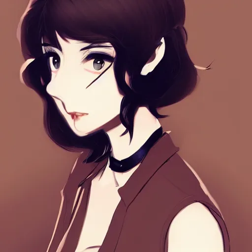 Image similar to portrait of a girl with short brown hair, wearing a white blouse and black choker, smoking a cigarette, drawn by WLOP, by Avetetsuya Studios, attractive character, colored sketch anime manga panel, unsaturated, dull colors, trending on Artstation