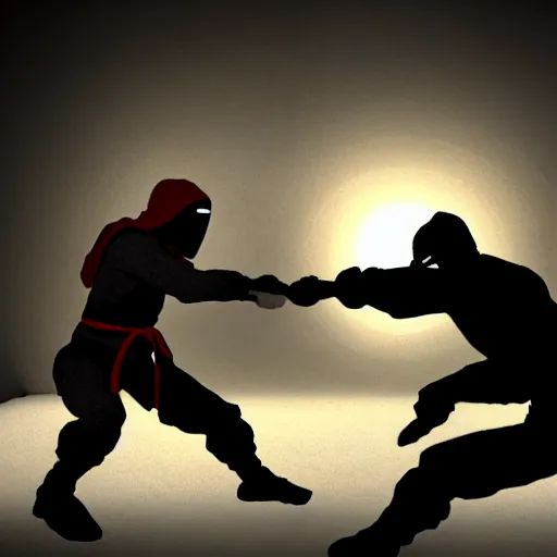 Prompt: a ninja fighting another ninja, they are in some random place fighting, hyperrealstic, video game concept art, realistic lighting, dynamic shadows