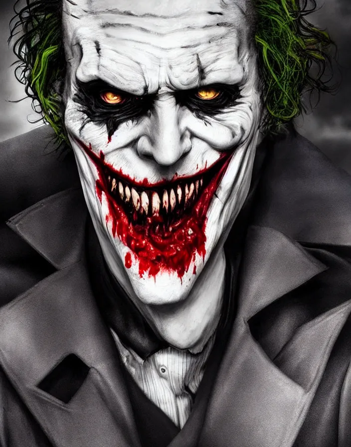 Image similar to a really creepy photography of joker the batman nemesis, hyper realistic, ultra detailed, portrait photo, horror, blood