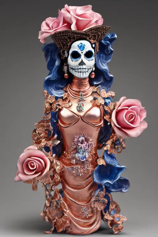 Prompt: an polished texturized sculpture of La Catrina in rose gold and white and blue chinese porcelain by kris kuksi