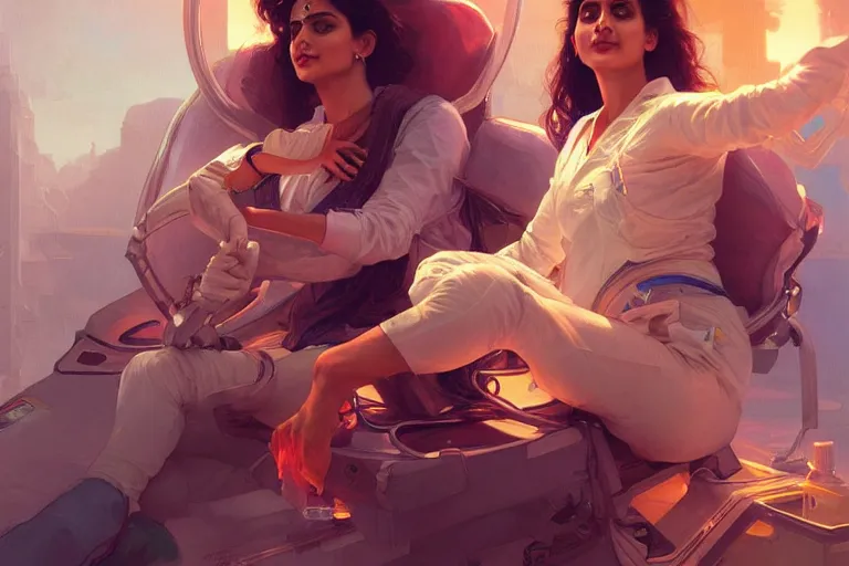 Image similar to Sensual good looking pale young Indian doctors wearing jeans partying in a space station above Earth performing surgery, portrait, elegant, intricate, digital painting, artstation, concept art, smooth, sharp focus, illustration, art by artgerm and greg rutkowski and alphonse mucha