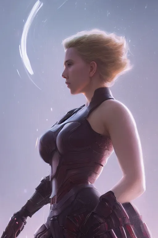 Image similar to a fancy portrait of Scarlett Johansson in crystaline armour by Greg Rutkowski, Sung Choi, Mitchell Mohrhauser, Maciej Kuciara, Johnson Ting, Maxim Verehin, Peter Konig, final fantasy , mythical, 8k photorealistic, cinematic lighting, HD, high details, atmospheric,