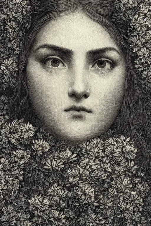 Image similar to extreme close-up portrait of a woman with her face covered by hair with flowers woven into it, forest background, Gustave Dore lithography