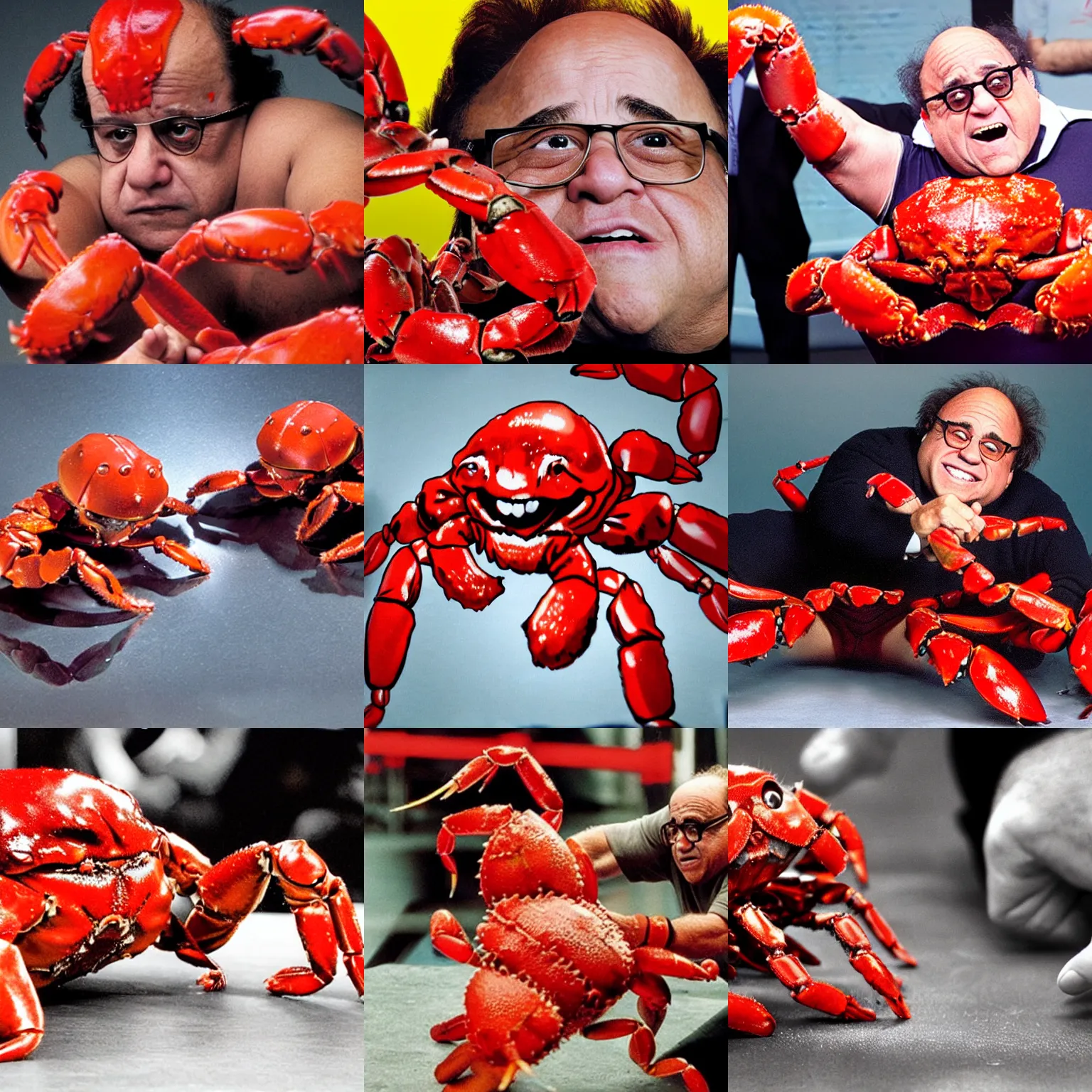 Prompt: Danny Devito fighting many detailed red crabs