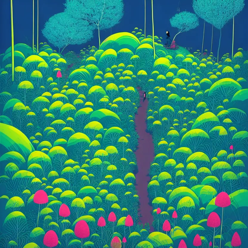 Prompt: ( ( ( ( ( gediminas pranckevicius ) ) ) ) ), stillness under bo tree in a jungle wild flower garden summer morning, very coherent and colorful high contrast art by james gilleard floralpunk screen printing woodblock, dark shadows, pastel color, hard lighting