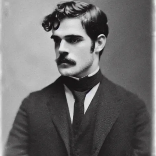 Image similar to edwardian photograph of a mix of billie eilish and henry cavill, male, 1 9 0 0 s, 1 9 1 0 s, grainy, slightly blurry, faded, realistic face