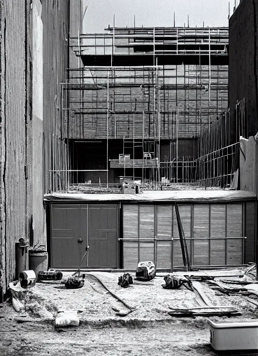 Image similar to a beautiful realistic photo of the construction site, storage outside, street 1 9 9 0, life magazine reportage photo