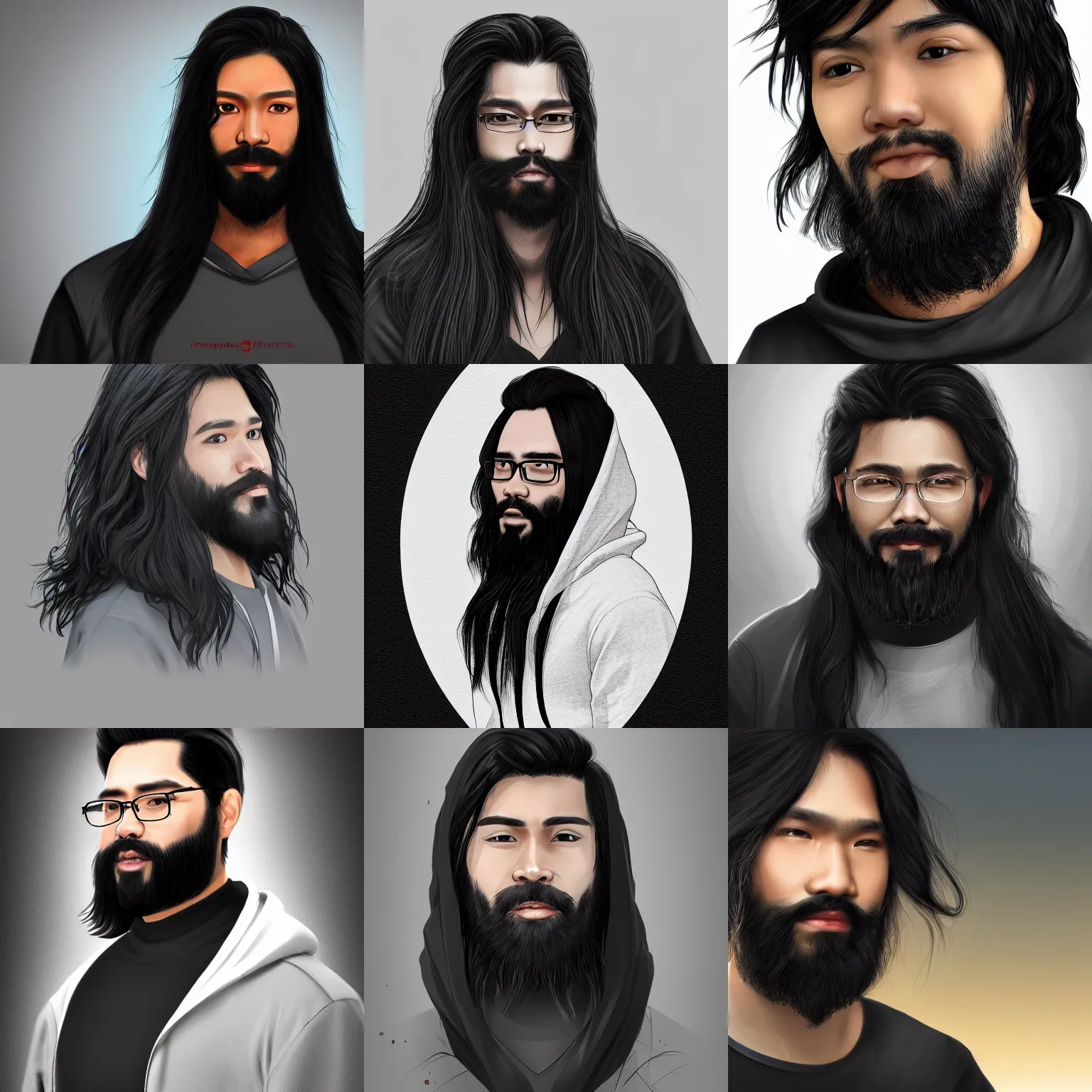 Prompt: portrait of a malaysian man with long black hair, a beard, wearing a black hoodie, artstation, high quality, detailed, 8 k