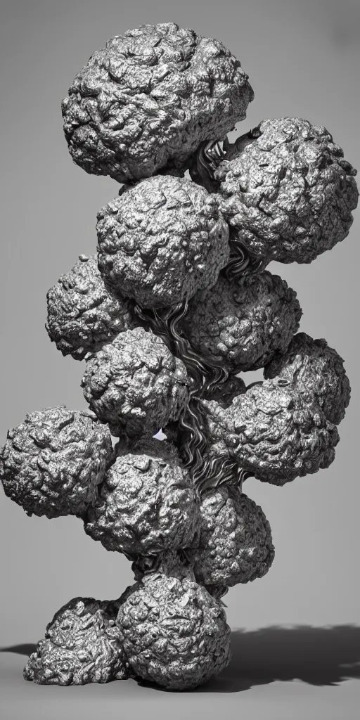 Image similar to 3 d photographic render of a hericium sculpture, chrometype, made of liquid metal, neotribal with thorns and thunders, raytracing, hyper realistic, volumetric lightning, 8 k, by zhelong xu and ouchh studio