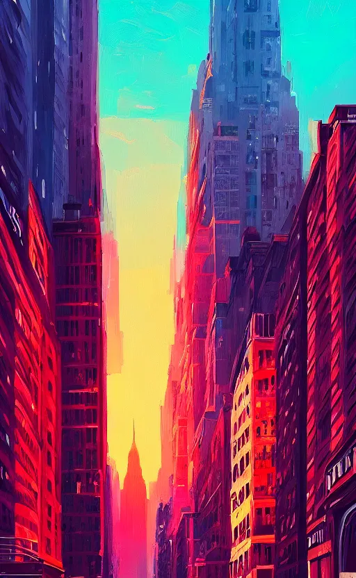 Prompt: a beautiful illustration new york at sunset, art of alena aenami, featured on artstation, vertical orientation, paint brush strokes, expressionism, brushstroke - laden, crimson hue