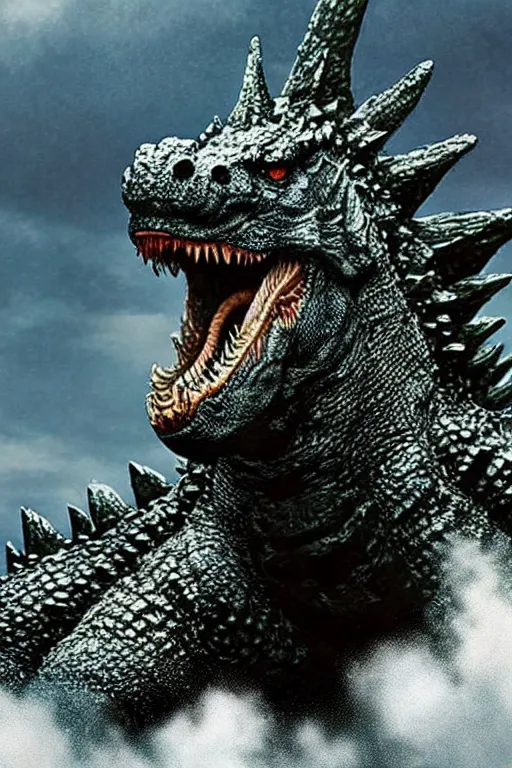 Image similar to Godzilla, kaiju, sea creature, crocodile, sharp teeth, scary look, angry