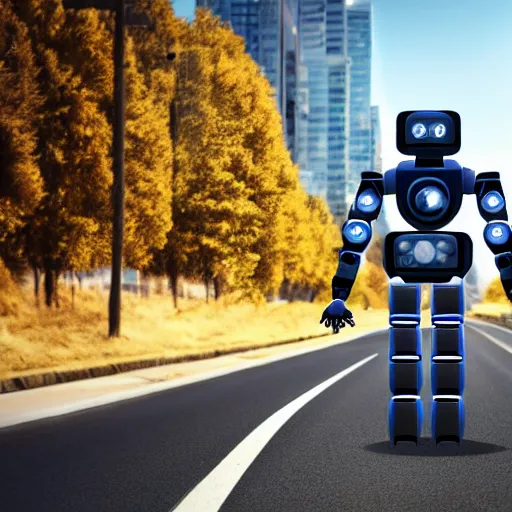 Prompt: <photo hd futuristic robotDesires='cryptocurrency'>a robot walks down the road</photo>