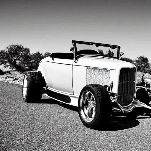 Prompt: a 1 9 3 2 ford roadster on route 6 6. black and white photograph 8 k.