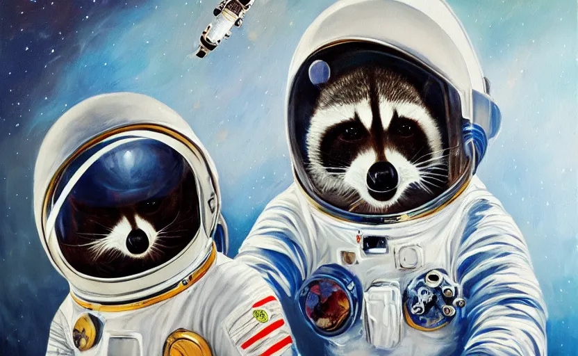 Image similar to oil painting of a racoon in a astronaut suit with helmet, 35mm, photo, Epic, cinematic