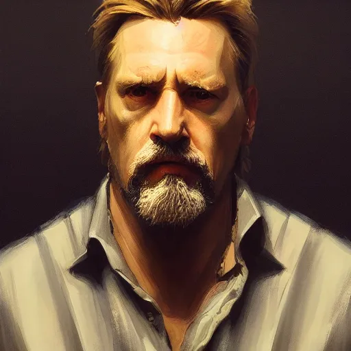 Image similar to closeup portrait of jeffrey lebowski, the dude, dramatic lighting, city background, chiaroscuro, high detail, painted by greg rutkowski, painted by igor kieryluk, painted by bobby chiu, trending on artstation