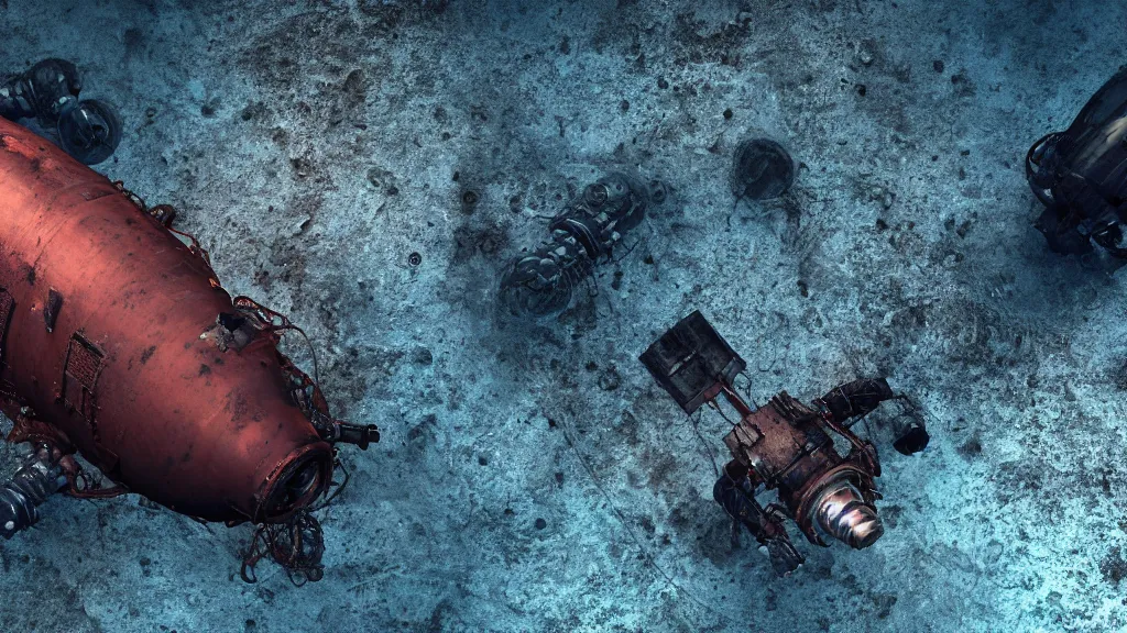 Prompt: a photorealistic dramatic hyperrealistic underwater render of an deep sea submersible, ultra realistic details, glossy surface, well worn, rust, oil stains designed by vitaly bulgarov and mike nash, beautiful dramatic dark moody tones and lighting, cinematic atmosphere, global illumination, shadows, dark background, octane render, 8 k