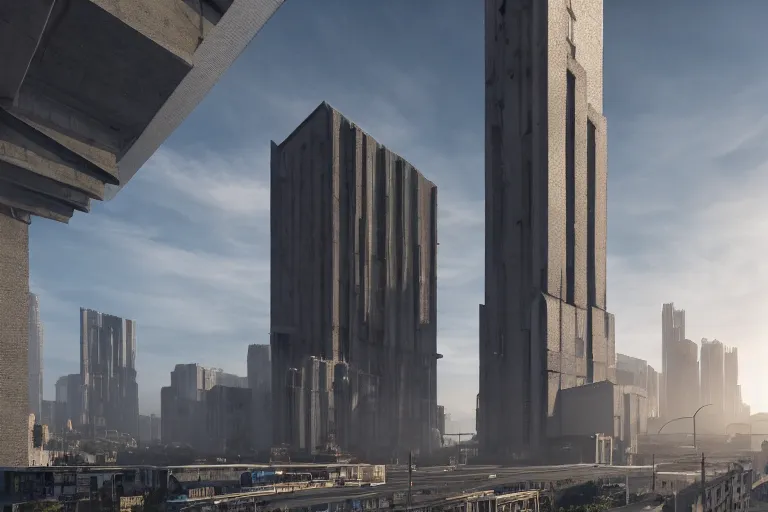 Image similar to streetscape, a towering cathedral of brutalist architecture, buildings covered with greebles, stunning volumetric light, sunset, metal, concrete and translucent material, stunning skies, majestic landscape, trending on Artstation, 8k, photorealistic, hyper detailed, unreal engine 5, IMAX quality, cinematic, epic lighting, in the style of Greg Rutkowski