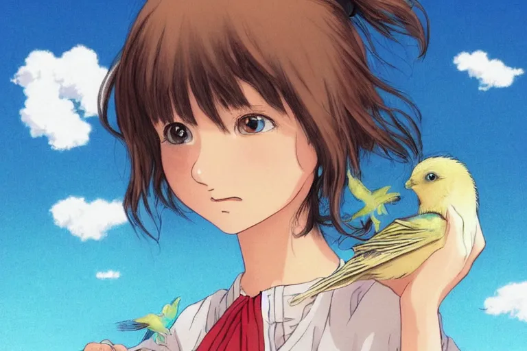 Image similar to young pretty girl holding a bird in her hands, looking touched, Fragile looking character portrait , beautiful scene; highly detailed art, by Studio Ghibli , High contrast, anime art