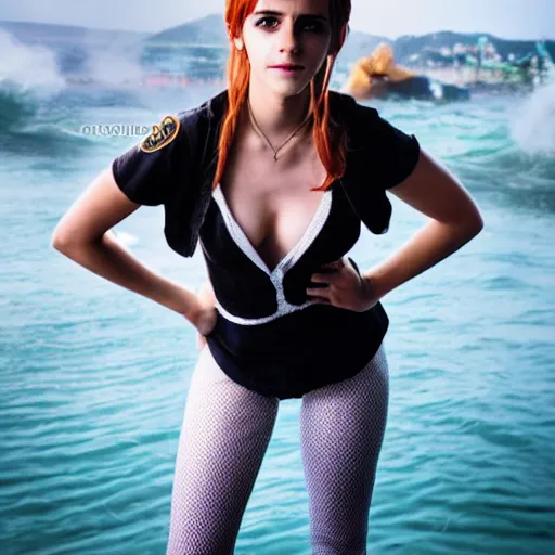 Image similar to a full body photo of emma watson as nami from one piece, award winning photography, 50 mm.