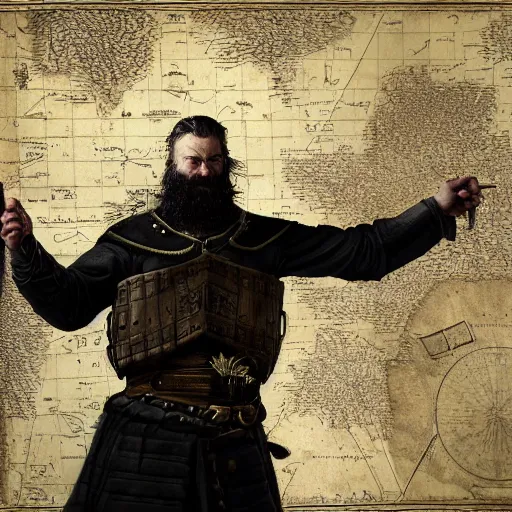 Image similar to Closeup of frustrated male medieval sergeant with a {short} beard wearing a {black!!!! and yellow tabard} over a steel breastplate and a black gambeson looking up from a map on a table, intricate, dramatic lighting illustration by Greg Rutkowski, ArtStation, digital art, fantasy