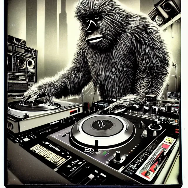 Prompt: a polaroid portrait of an anthropomorphic cyberpunk bigfoot dj at the turntables spinning records, detailed render, tape deck, boombox, headphones, epic composition, cybernetics, 4 k realistic, cryengine, realistic shaded lighting, sharp focus, masterpiece, by matteo scalera, gary montalbano, peter elson in the style of the tokyo ghost comic