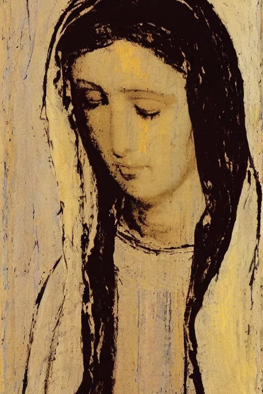 Image similar to virgin mary of lourdes painted by cy twombly and andy warhol