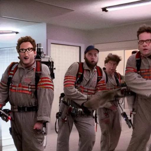 Prompt: awe inspiring Seth Rogen playing a Ghostbuster in a still from the movie Ghostbusters 8k hdr