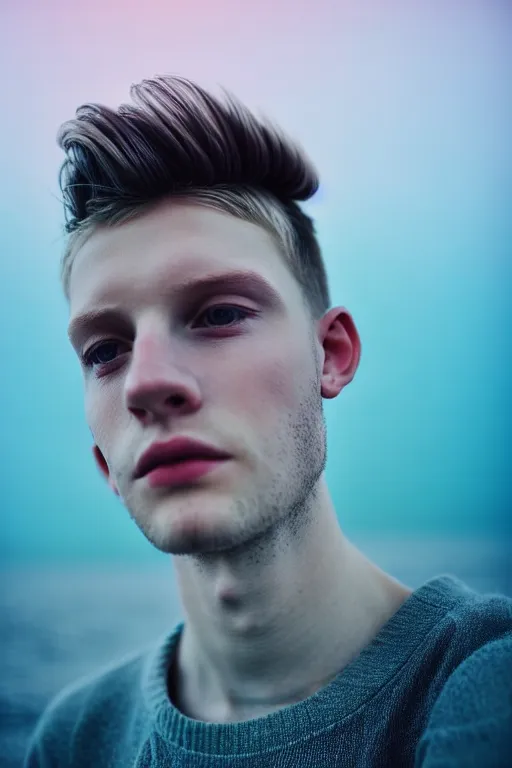 Image similar to high quality pastel coloured film mid angle selfie photograph of a beautiful young man, soft features, standing in an icelandic black rock environment. atmospheric. three point light. photographic. art directed. ( pastel colours ). volumetric light. stark. waves glitch. 8 k. filmic.