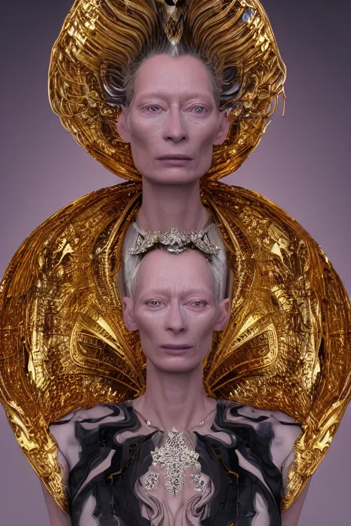 Image similar to a highly detailed 4 k render portrait of an alien goddess tilda swinton in iris van herpen dress schiaparelli armor in diamonds and lots of jewelry in style of alphonse mucha trending on artstation made in unreal engine 4