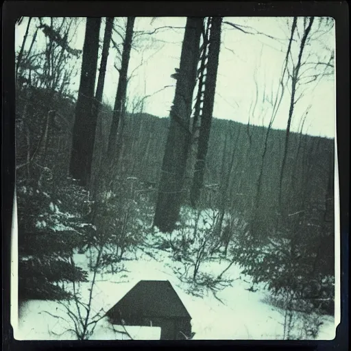 Prompt: polaroid photo of an appalachian cryptid lurking around cabins