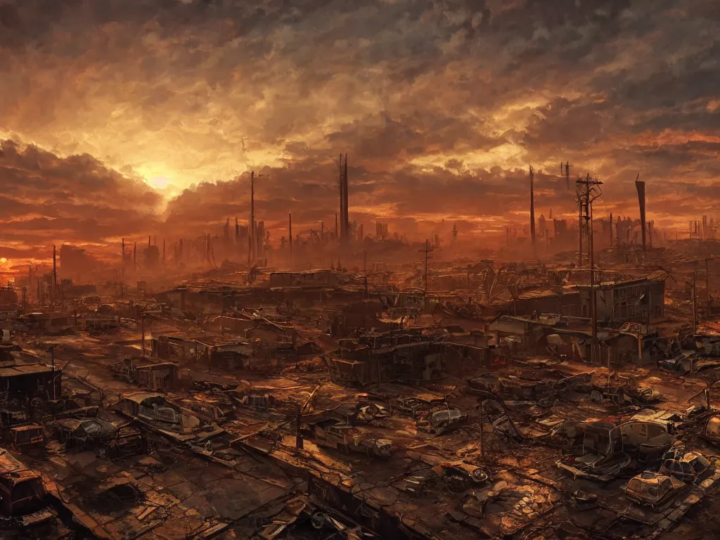 Prompt: a post apocalyptic american city landscape after a nuclear war, beautiful radioactive sunset lighting, beautiful painting, fallout 4 concept art, painted by albert bierstadt