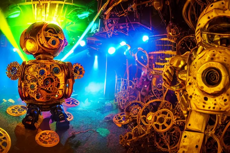 Image similar to scene is flower power party in pacha in ibiza, portrait photo of a giant huge golden and blue metal steampunk robot, with gears and tubes, eyes are glowing red lightbulbs, shiny crisp finish, 3 d render, 8 k, insaneley detailed, fluorescent colors, haluzinogetic, background is multicolored lasershow