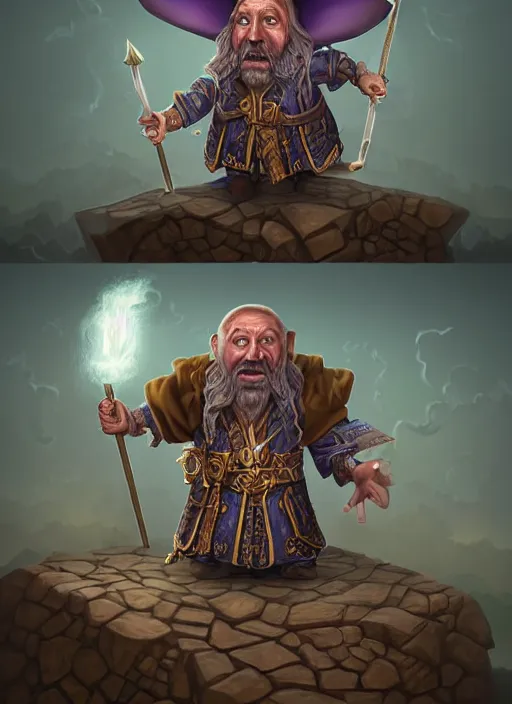 Image similar to highly detailed, hyper realistic wizard, funny, with a dungeon background by studio muti