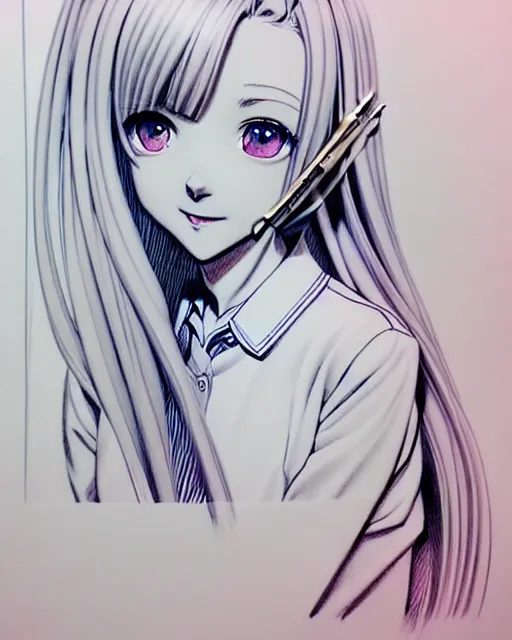 Image similar to depicting a young mischievous female prep school student with medium length bright blonde hair and pale skin, in an old study room, complex artistic color ink pen sketch illustration, subtle detailing, artwork by Artgerm and Range Murata.