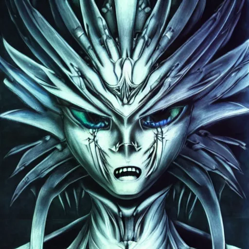 Image similar to a fusion between sephirot and roxas, cyber style, by hr giger, in the style of kingdom hearts, 4 k, hyper detailed, hyperrealism no artifacts