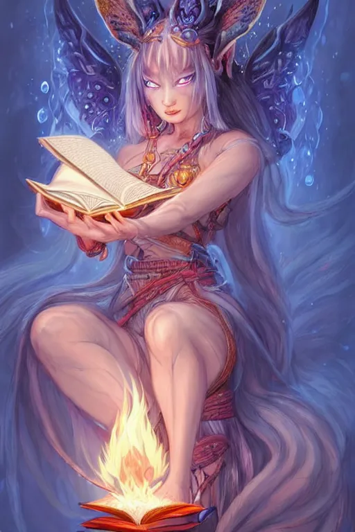 Prompt: gorgeous!!! hyper - realstic kitsune sorceress, holding a tattered magical book, casting a flame spell, blue flames, surrounded by tiny spirits, tribal face markings | drawn by wlop, drawn by jeehyung lee, drawn by artgerm | fantasy, dark, intricate, highly detailed, digital painting, character design, concept art, illustration, artstation