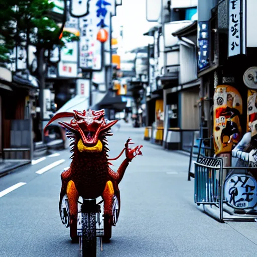 Image similar to a dragon riding a bike in the streets of tokyo