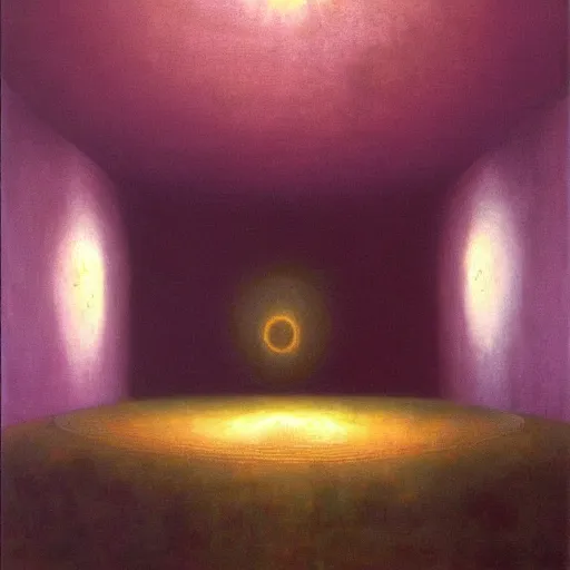 Prompt: painting of a scifi ancient civilzation empty room, purple sun, beksinski