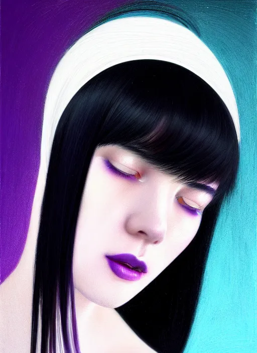 Image similar to portrait of teenage girl with white bangs, red irises, black hair, purple clothes, white bangs, bangs are different color from hair, intricate, front of hair is white rest is black, elegant, glowing lights, highly detailed, digital painting, artstation, concept art, smooth, sharp focus, illustration, art by wlop, mars ravelo and greg rutkowski