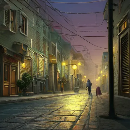 Image similar to a painting of a city street at night, a screenshot by evgeny lushpin, featured on cgsociety, photorealism, rendered in unreal engine, matte painting, rendered in maya