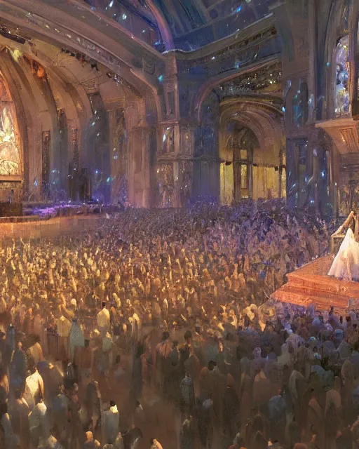 Image similar to craig mullins and moebius painting of a crowd in a futuristic church, priest, pews, ethereal, inviting, bright, unreal engine, hyper realism, realistic shading, cinematic composition, realistic render, octane render, detailed textures, photorealistic, wide shot