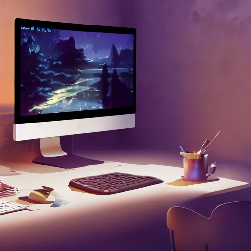 Prompt: computer desk, monitor, steaming coffee on desk, dimly lit bedroom, unreal engine, fantasy art by greg, loish, rhads, ferdinand knab, makoto shinkai and lois van baarle, ilya kuvshinov, rossdraws, tom bagshaw, night lighting, trending onstudio ghibli, highly detailed, octane render, 8 k