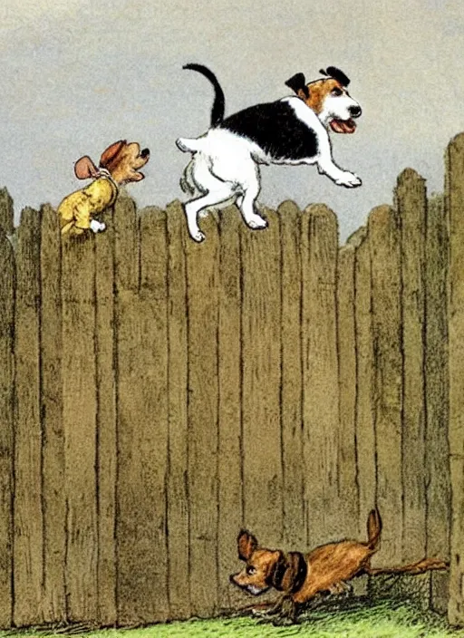 Image similar to jack russel terrier jumping from the ground over a brick fence, illustrated by peggy fortnum and beatrix potter and sir john tenniel