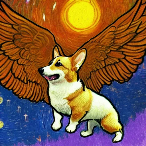 Image similar to corgi with [ angelic wings ]!!, [ flying like a superhero ]!! in the [ night sky ]!! where the stars are visibly perceptible, [ realistic photo ]!!, [ illustrated by vincent van gogh ]!!, trending on artstation