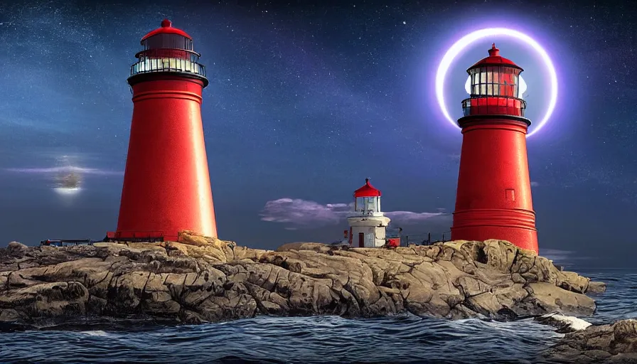 Image similar to a ufo hovers over a lighthouse out at sea, digital art, highly detailed, realistic, bright colors, 8 k